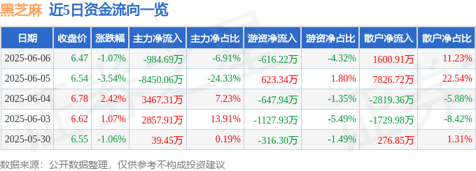 股票行情快报：黑芝麻（000716）6月6日主力资金净卖出984.69万元